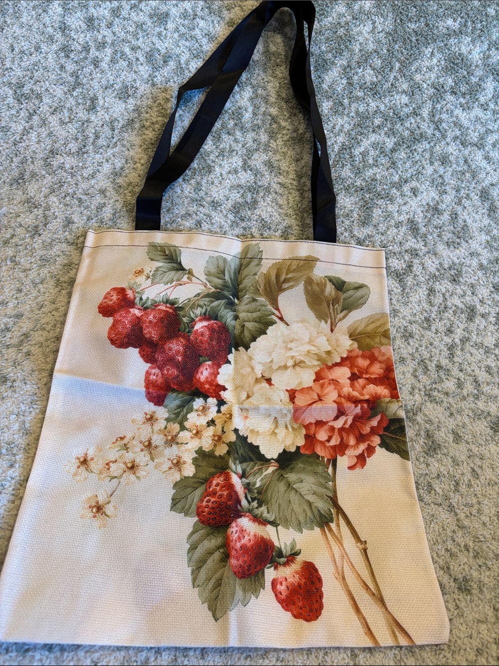 Strawberry Floral Bouquet Poly Canvas Tote Bag NWT 13.5x 15.5”